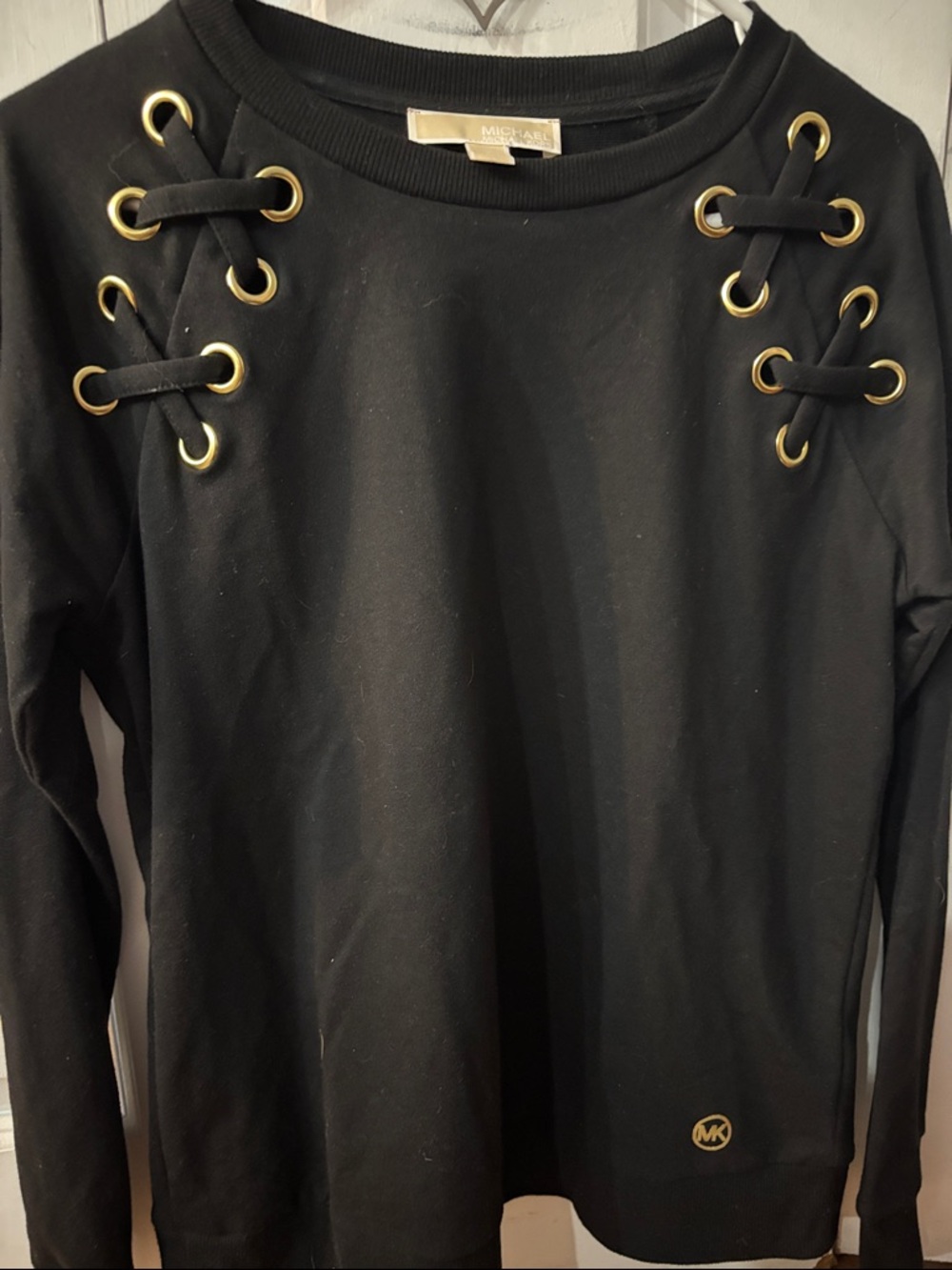 Michael Kors Black Sweatshirt with Gold Grommet Lace-Up Detail